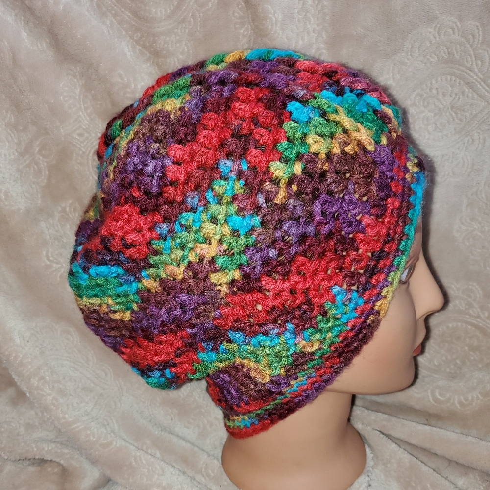 Crocheted cable stitch slouchy beanie hat